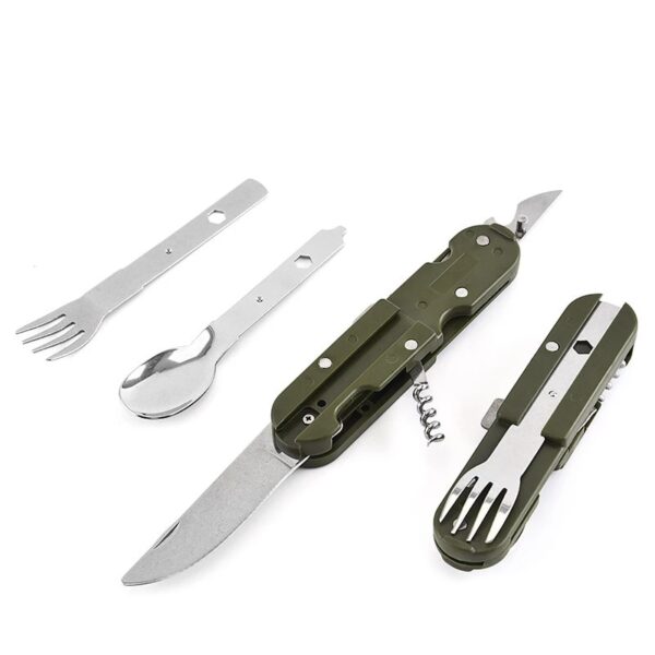 Couteau de pique-nique pliant Portable en acier inoxydable, vert militaire, couteau fourchette cuillère ouvre-bouteille couverts de table Kit de voyage 1