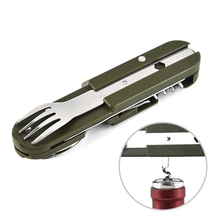Couteau de pique-nique pliant Portable en acier inoxydable, vert militaire, couteau fourchette cuillère ouvre-bouteille couverts de table Kit de voyage 4